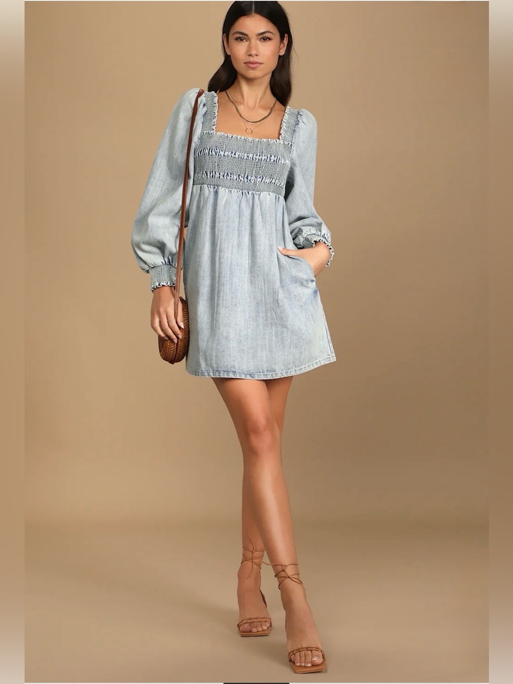 Lulus Light Wash Denim Smocked Puff Sleeve Mini Dress XS Cottagecore Babydoll